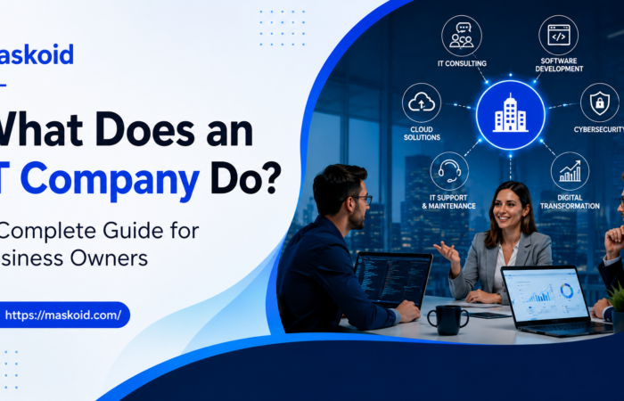 What Does an IT Company Do? Business professionals discussing website development, SEO, cybersecurity, and IT consulting services.